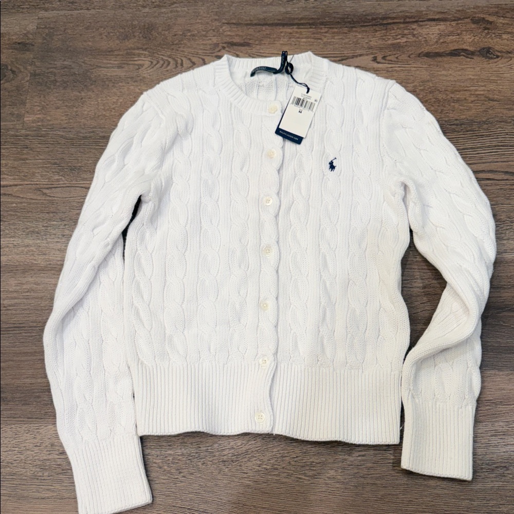 Ralph Lauren White Cable-Knit Crew Neck Cardigan with Polo Logo